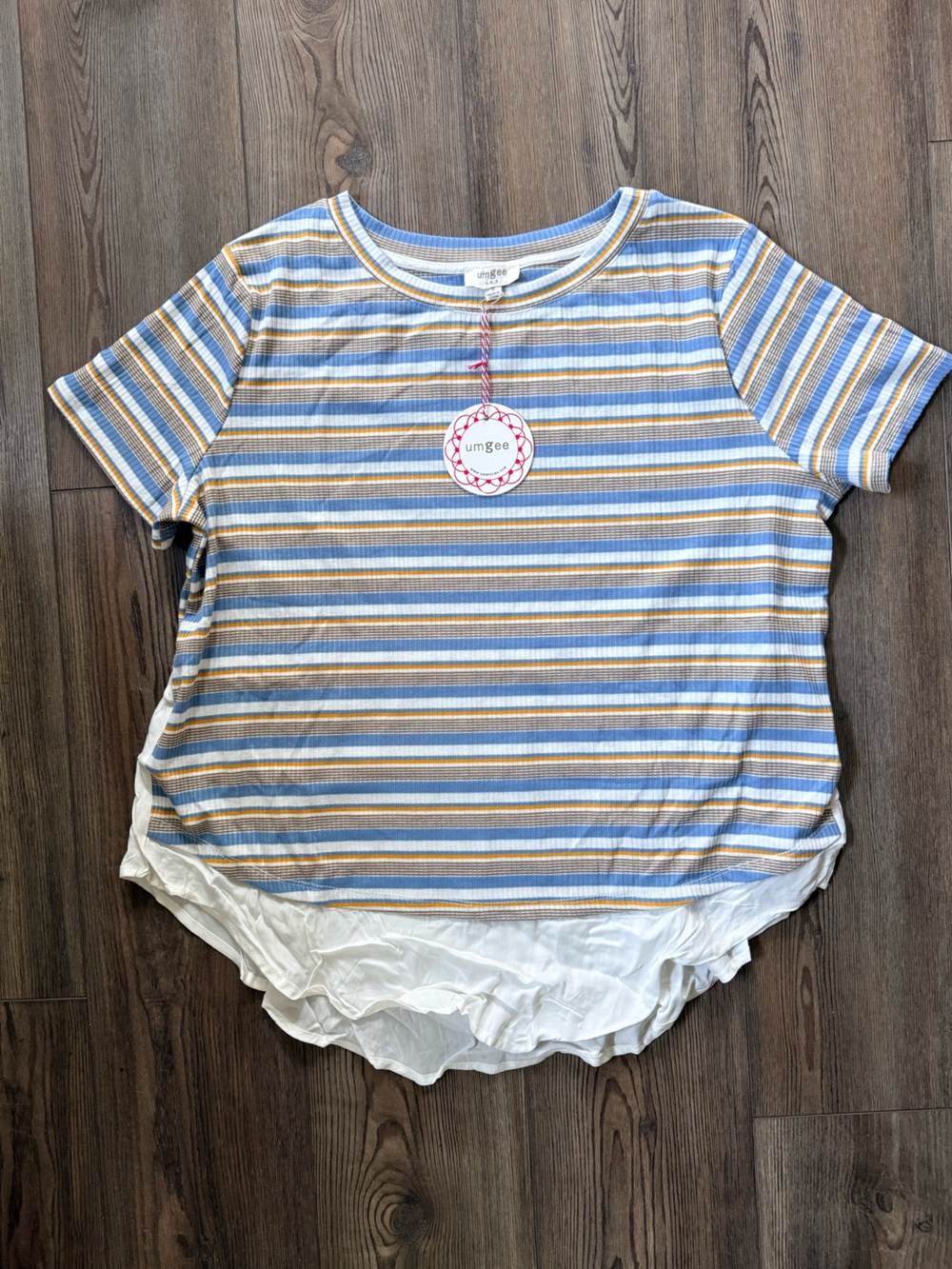 Umgee Blue, Tan & White Striped Short Sleeve Top with Ruffle Hem